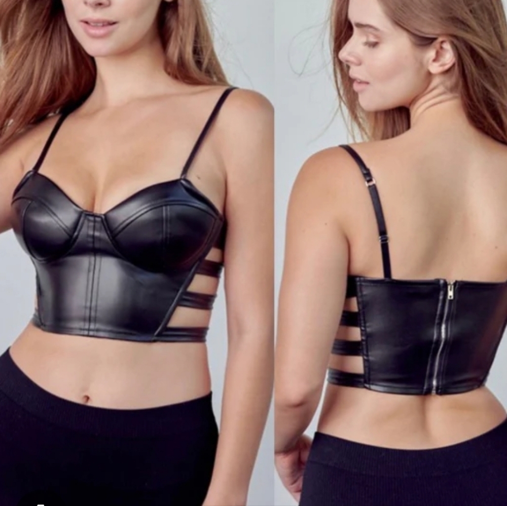 Faux Leather Bustier Black Top Size L Molded Cups Strappy Open‎ Sides Cyber Vamp